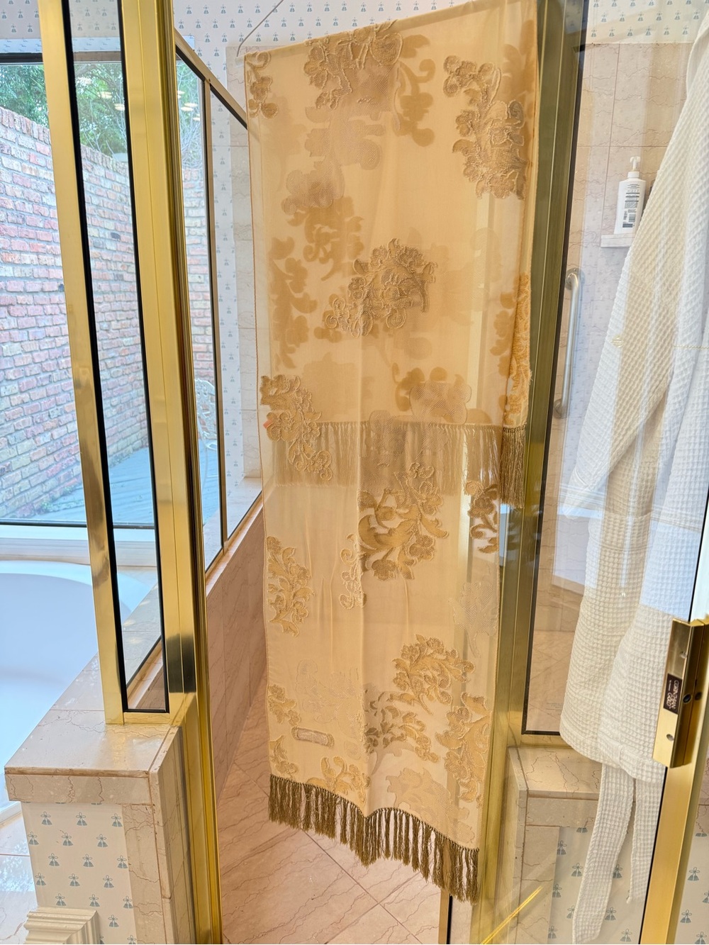 Salvatore Ferragamo Beige and Tan Sheer Logo-Trim Scarf w/ hand tied silk fringe
